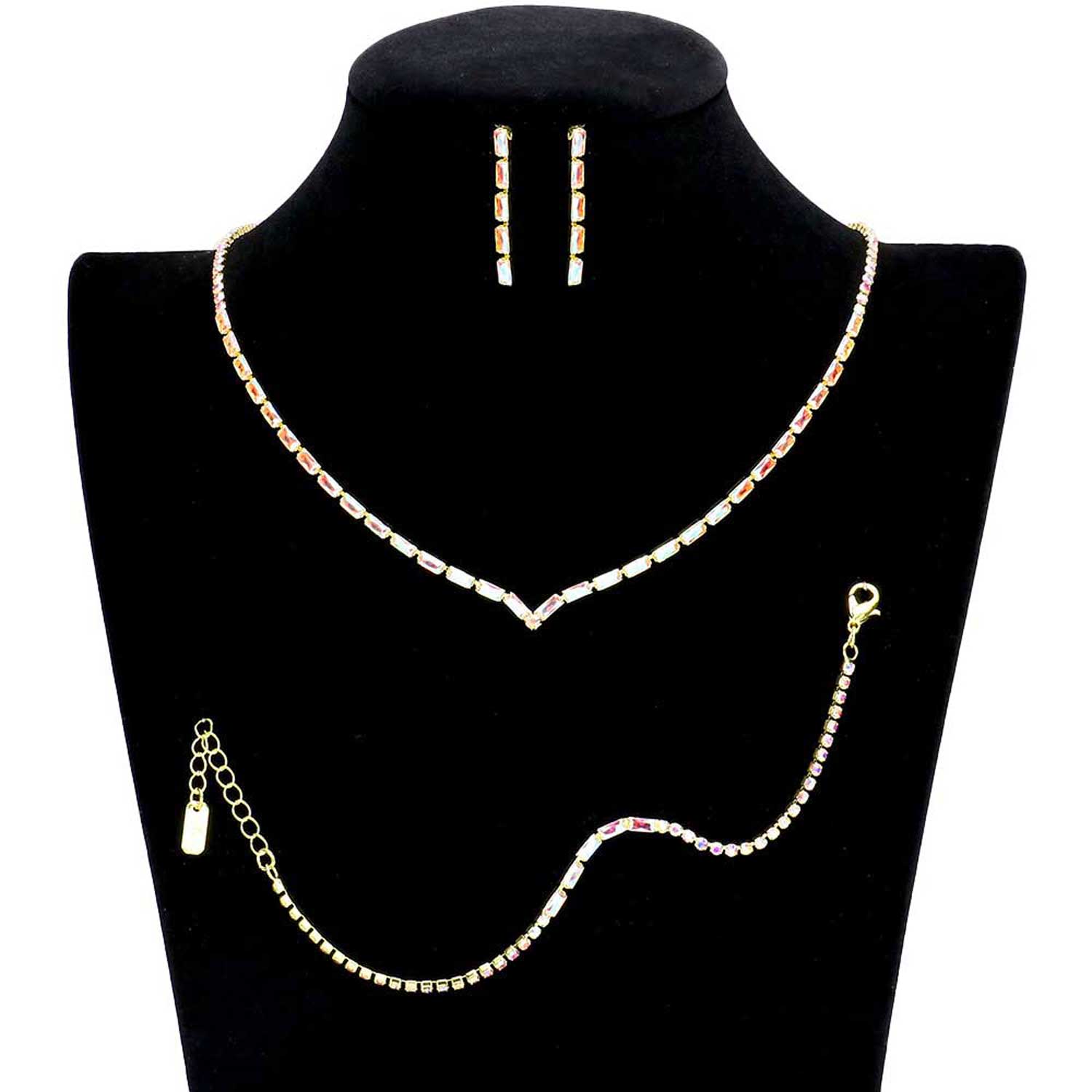3PCS Chevron Accented Rectangle Stone Necklace Jewelry Set