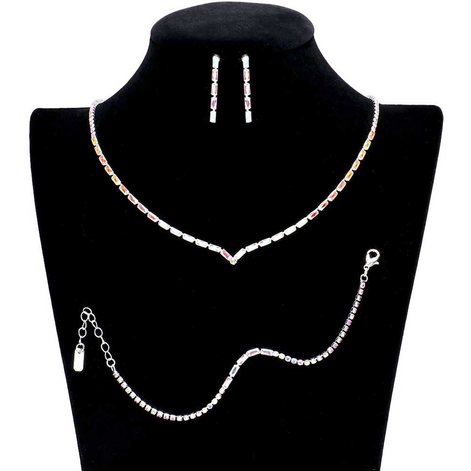 3PCS Chevron Accented Rectangle Stone Necklace Jewelry Set
