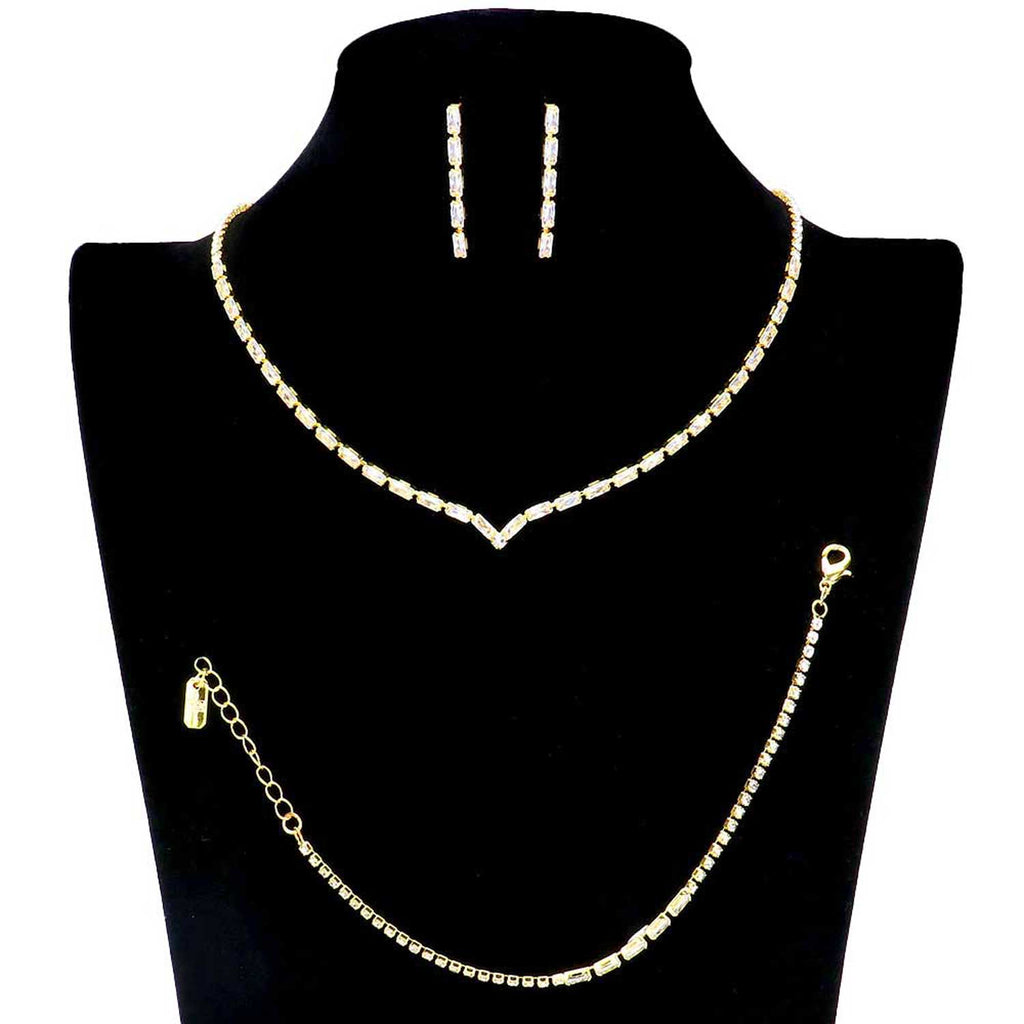 3PCS Chevron Accented Rectangle Stone Necklace Jewelry Set