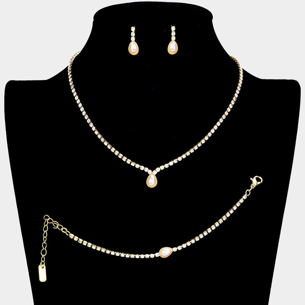 3PCS Teardrop Pearl Accented Rhinestone Necklace Jewelry Set