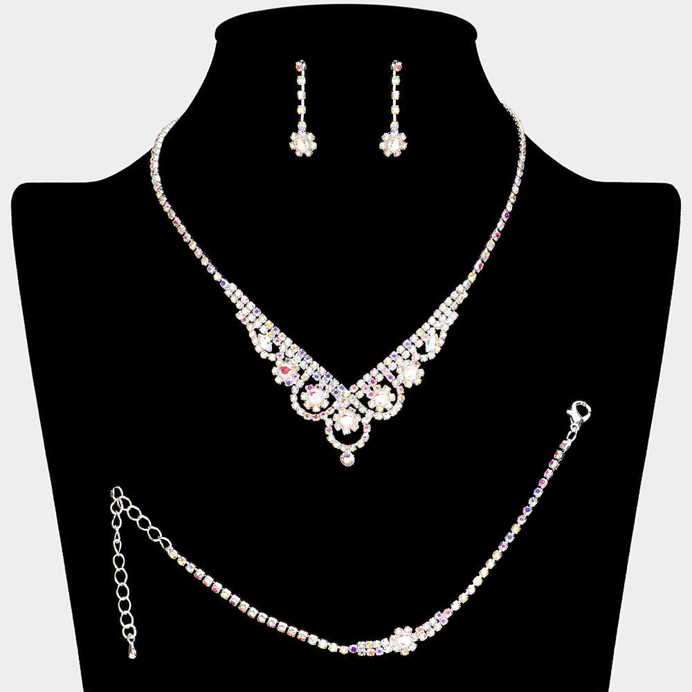 CZ Flower Pointed Rhinestone Paved Necklace Jewelry Set