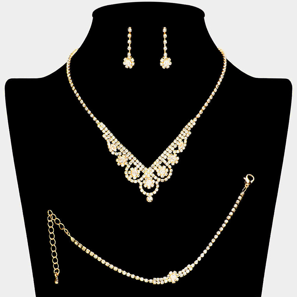 CZ Flower Pointed Rhinestone Paved Necklace Jewelry Set