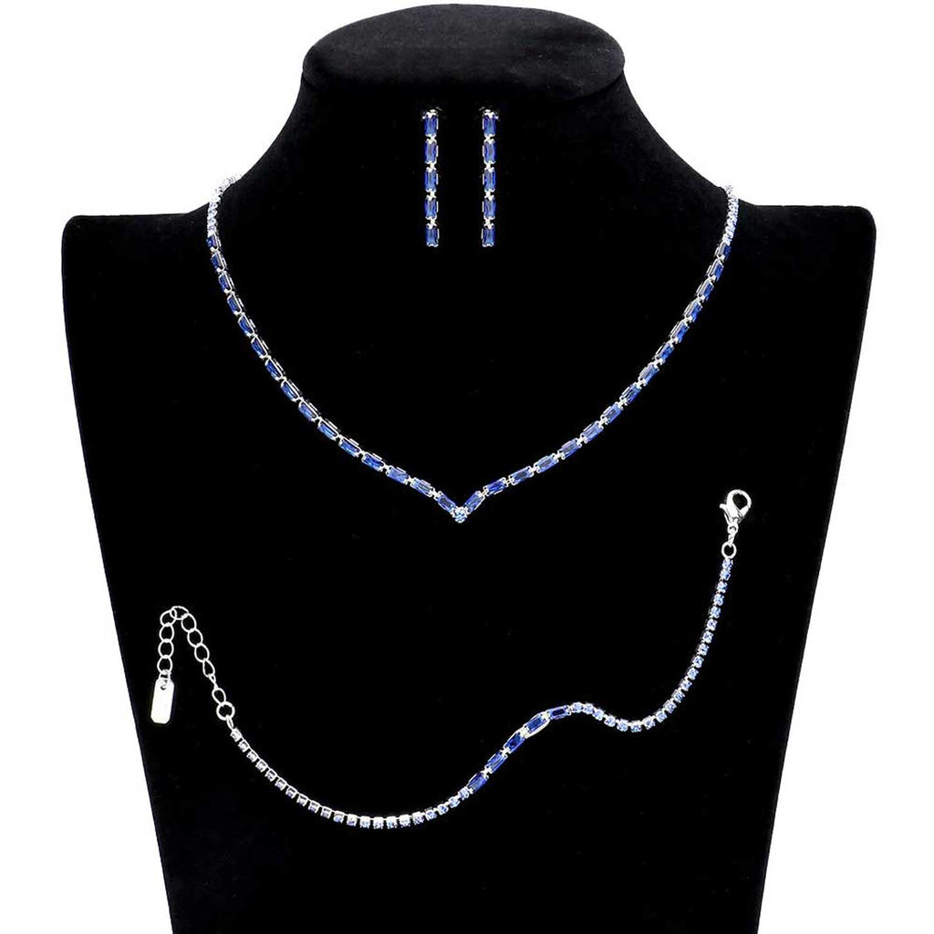 3PCS Chevron Accented Rectangle Stone Necklace Jewelry Set